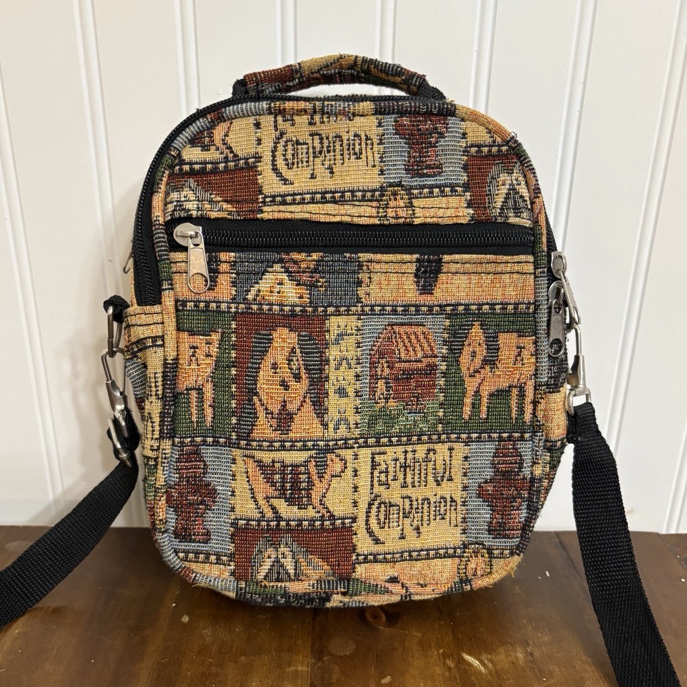 Faithful Companion Dog Tapestry Crossbody Travel Purse Bag Multi Pockets Granny